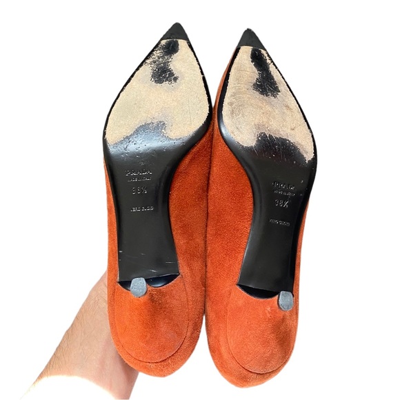 Prada Suede Kitten Heel Pointed Toe Pumps Orange 38.5 8.5 - Picture 6 of 9